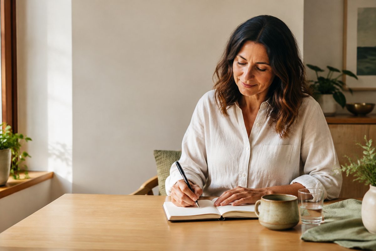 A woman sitting at a wooden table in a sunlit room, writing in a notebook beside a green mug and a glass of water.