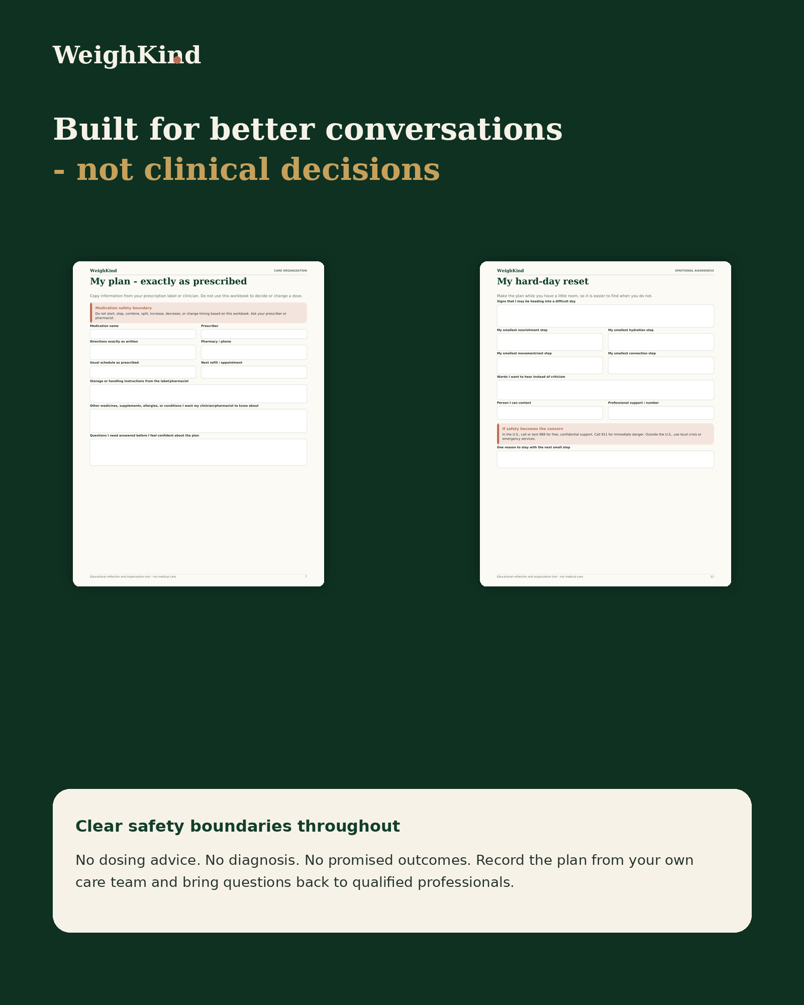 Medication organization and difficult-day reflection pages with safety boundaries