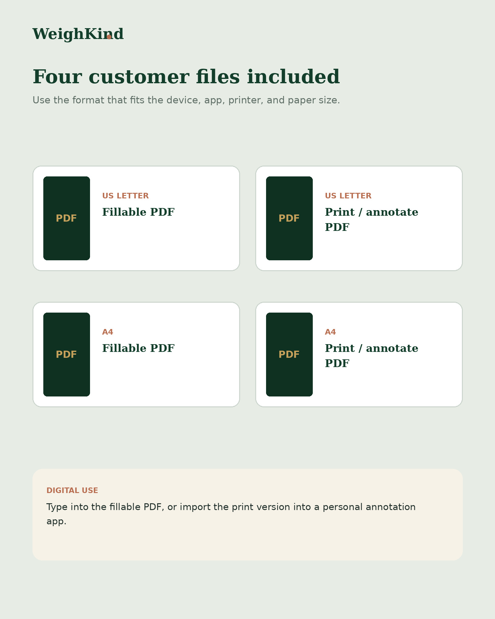 Four included PDF formats in US Letter and A4 sizes